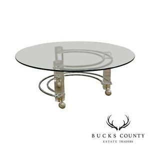 C Hollis Jones Mid Century Modern Brass Lucite Round Glass Top Coffee Table