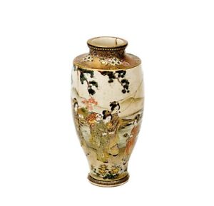 Japanese Ryokuzan Satsuma Porcelain Vase Hand Painted Figures Kimono Late Meiji