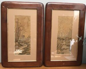 Antique Pair France Petit Needlepoint Framed Petit Point Tapestry 13 5 X 21 5 