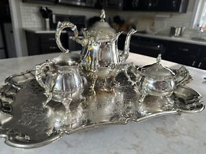 Vintage Leonard Silver Plate Tea Service Serving Tray Cream Sugar Bowl Pot