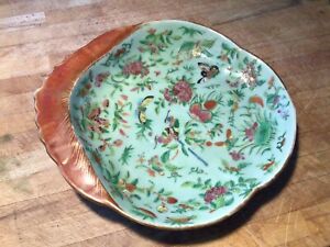 Antique 19th C Chinese Export Porcelain Celadon Plate Bird Butterfly Peony