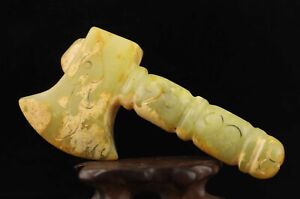 China Old Natural Jade Hand Carved Statue Dragon Axe Pendant