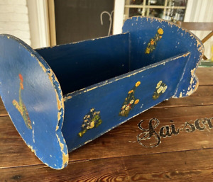 Vintage Blue Painted Farmhouse Wooden Rocking Baby Doll Cradle Bed Flowers Decor