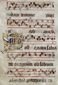 Historiated Bishop Illuminated Vellum Manuscript Leaf Medieval Antiphonal 15th C