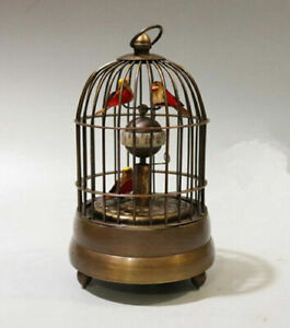 Collectible Decorated Old Copper Carved Bird In Cage Mechanical Table Clock