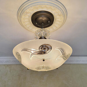 416c Vintage Antique Ceiling Light Lamp Fixture Glass Shade Chandelier 30 S 40 S