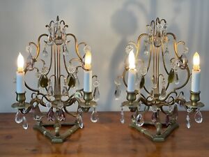 Antique French Bronze Crystal Candelabras Girandoles Fireplace Mantle Lamps