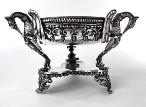 Antique Victorian Silverplate Figural Bowl On Stand Cranes Shields Oak Leaves