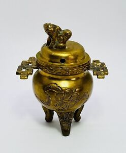 Vintage Chinese Brass Incense Burner With Foo Dog Beast Face 3 Legs Heavy 5 5 