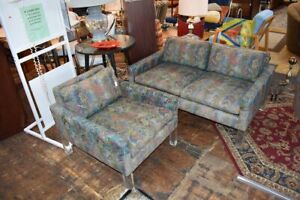 Mid Century Modern Matching Love Seat And Chair Floral Pattern With Lucite Feet