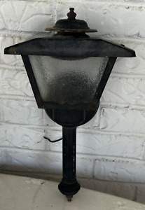 Vintage Black Cast Metal Porch Light Pebble Textured Glass Wall Sconce