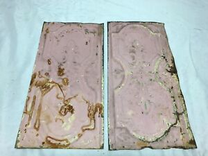 Antique Pair 6 X 12 Tin Ceiling Fleur De Lis Shabby Pink Panels Vtg 1662 23b