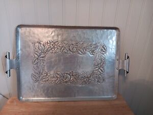 Vtg Everlast Serving Tray Aluminum Hand Forged Scolled Handles Floral Rectangle