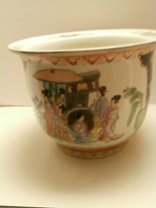Rare Antique Japanese Porcelain Jardiniere Large Bowl Flower Pot Satsuma Style