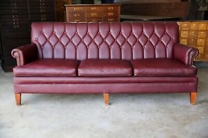 Vintage Mcm Mid Century Sofa Couch Burgundy Wood Legs Leather Seat Lounge