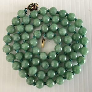 Green Jade 24 Bead Necklace Gold Silver Clasp Hand Knotted Vintage