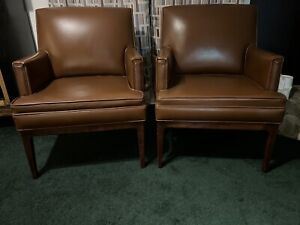 Pair Of Mid Century Modern Armchairs In Ginger Snap Brown Pleather W Wood Legs