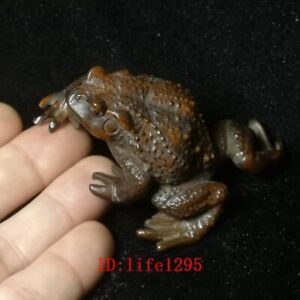 Old Japanese Boxwood Hand Carved Jin Chan Figure Frog Statue Netsuke Collectable