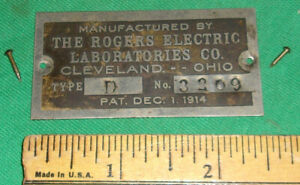 Rogers Electrical Laboratories Violet Ray Device Factory Nameplate 1918 Type D
