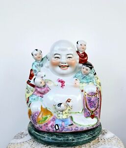 Chinese Export Porcelain Figurines Laughing Buddha With Children Femaly Rose 9 
