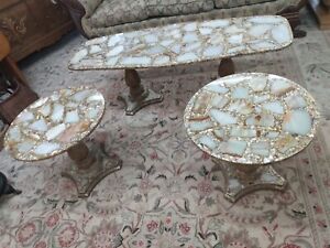 Hollywood Regency Onyx Abalone Gold Glitter Coffee Table End Tables