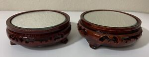 Vintage Lot Of 2 Chinese Round Carved Wood Mirror Tea Lamp Displays Stand Base