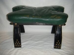 Vintage Camel Saddle Foot Stool Ottoman Green Leather Wood Bench