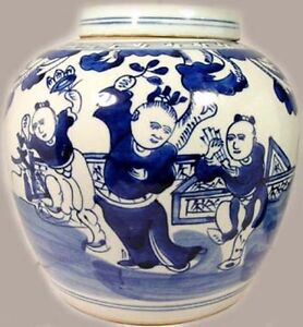 Antique Porcelain Blue White Ming Style Jar Musicians Dancers Park 19thc China