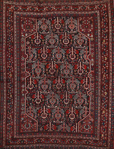 Pre 1900 Navy Blue Wool Qqashqai Antique Rug 5x6 Hand Knotted Traditional Carpet