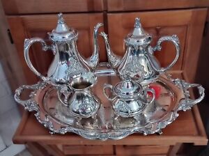 Vintage Webster Wilcox Countess Silver Plated Tea Set 6pc W 1960 Royal Rose Tray
