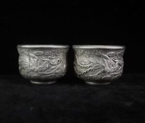 Pair Of Old Chinese Dragons And Phoenixes Silver Cups Xuan Marked