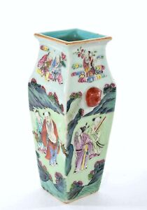 19c Chinese Celadon Famille Rose Turquoise Porcelain 8 Immortal God Figure Vase