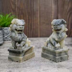 Vintage Chinese Foo Lion Dogs Carved Soapstone Bookend Decor Statues 5 5 Tall