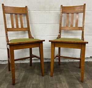 Antique Mission Arts And Crafts Stickley Style Tiger Oak Dining Chairs Pair