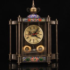 11 Chinese Dynasty Cloisonne Bronze Inlay Gem Table Alarm Clock Working Statue