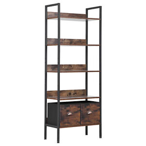 5 Tier Open Bookshelf 60 Tall Bookcase W 2 Drawers Display Storage Rustic Brown
