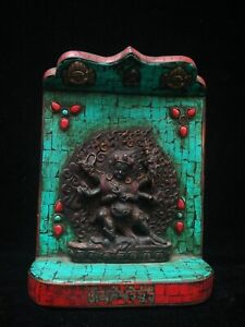 H 8 5 Chinese Tibet Wood Inlaid Turquoise Coral Buddha Decoration Collection