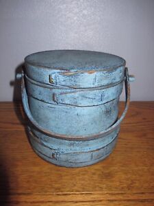 5 Old Firkin Sugar Bucket Wooden Blue Paint Pantry Box Spice Box Primitive