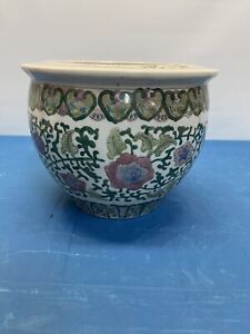 Vintage Chinese Hand Painted With Flowers Motif Porcelain Fish Bowl Planter