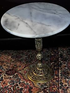 Small Round Onyx White Marble Ornate Brass Italian Side Table Mid Century 