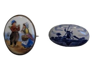 Vintage Ceramic French And Dutch Hand Painted Brooches Delft