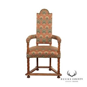 Spanish Revival Style Antique Oak High Back Arm Chair