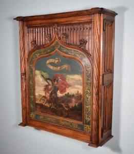  Antique Gothic French Wall Key Display Bar Cabinet In Solid Walnut W Painting