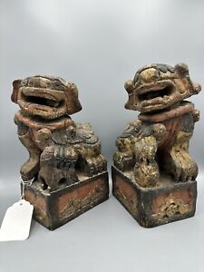 Pair Of Antique Chinese Wood Carved Statue Sculpture Of Foo Dog