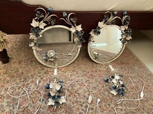 Pair Antique Blue Italian Tole Mirrors Sconces With Flowers Vintage Rare 