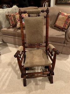 Rustic Antique 19th Century Indian Hand Carved Turned Rocking Chair Upholstered