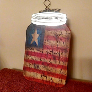 Primitive Crackle Wood Mason Canning Jar Wall Shelf American Flag Home Decor Hp