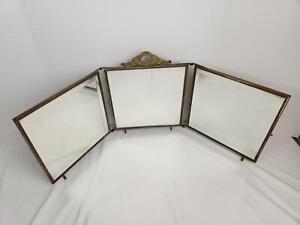 Celluloid Victorian Trifold Brass Vanity Mirror Antique Multicolor