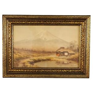 Antique Japanese Meiji Watercolor Of Mt Fuji By T Kobayashi C1920