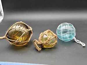 Lot Of 3 Decorative Glass Fishing Float Buoy Balls Aqua Yellow Amber W Nets